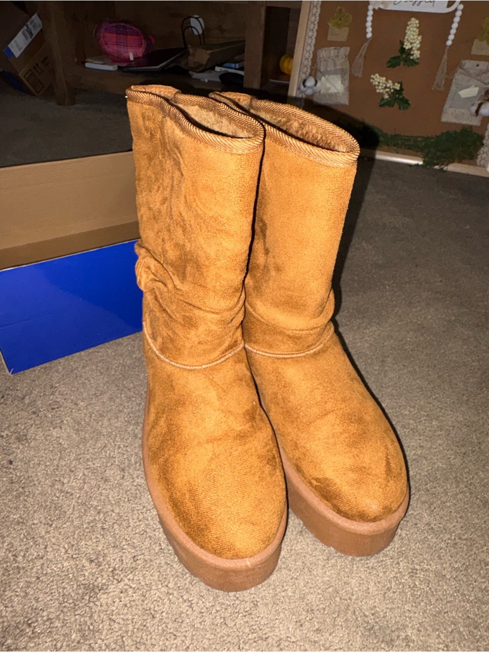 BAMBOO Women's Tan Suede-Look Platform Mid-Calf Boots